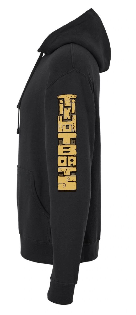 Black hoodie with yellow sleeve text
