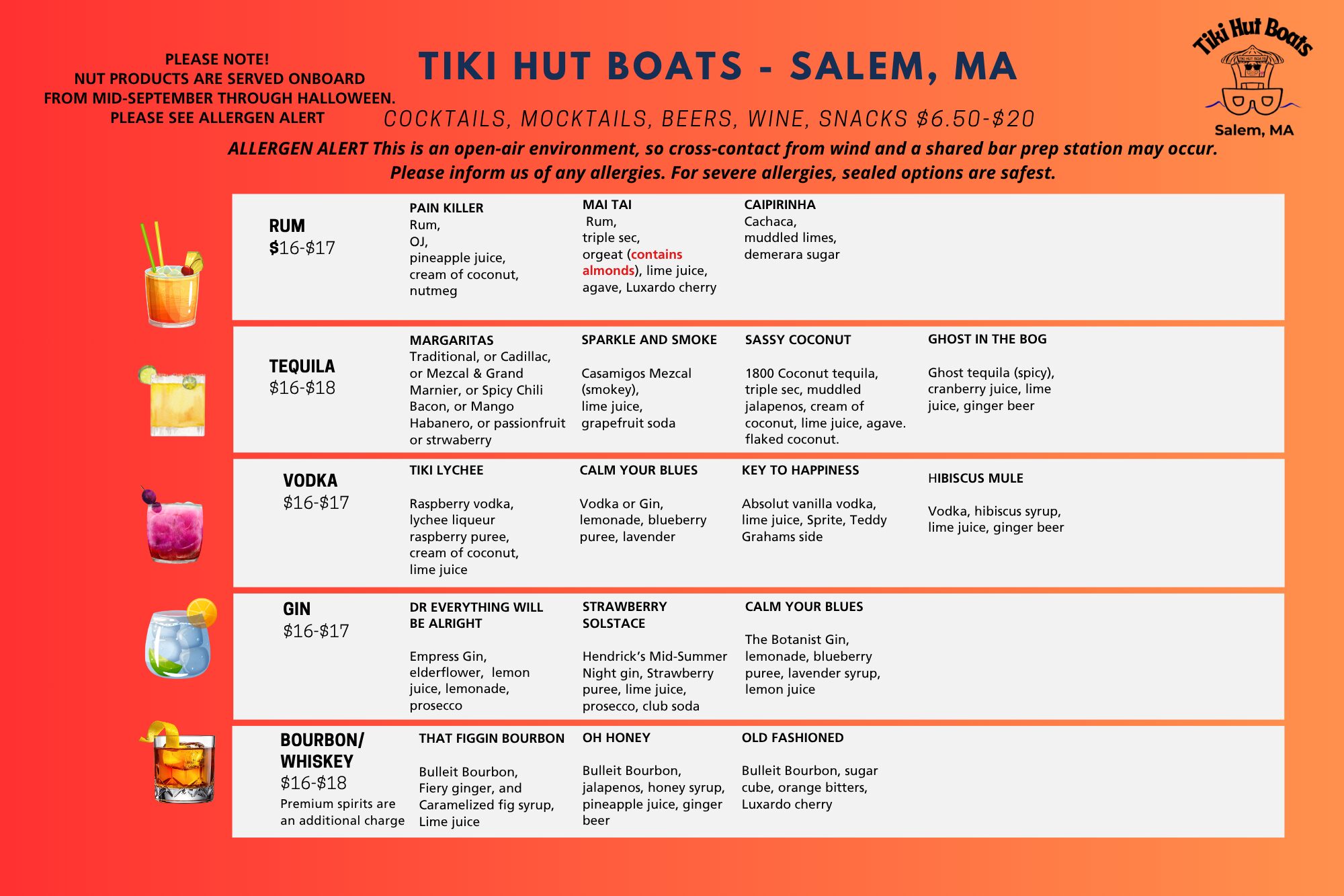 Tiki Hut Boats Fall 2026 Menu Page 1