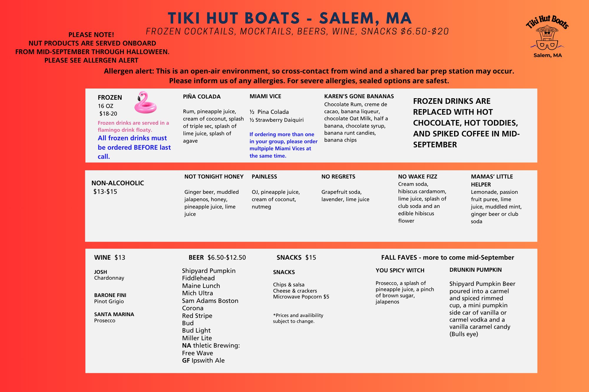 Tiki Hut Boats Fall 2026 Menu Page 2