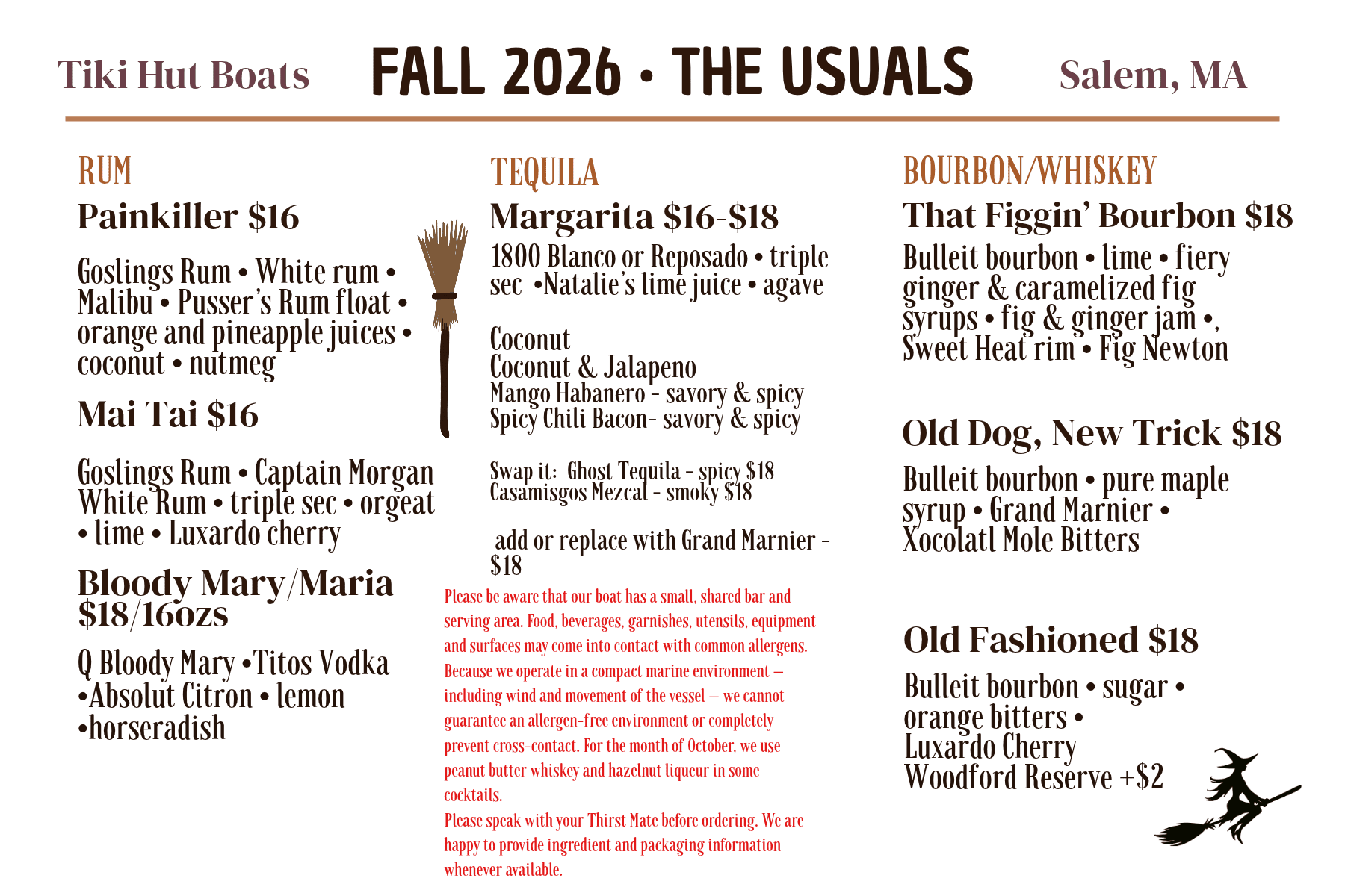 Tiki Hut Boats Fall 2026 Cocktail Menu Page 1